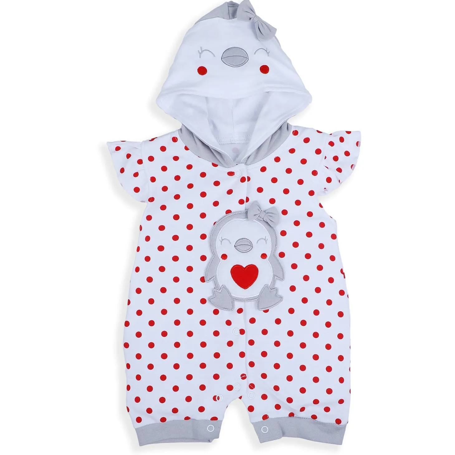 Baby Moo Little Penguin Embroidered Soft Cotton Girls Hooded Short Romper - Red