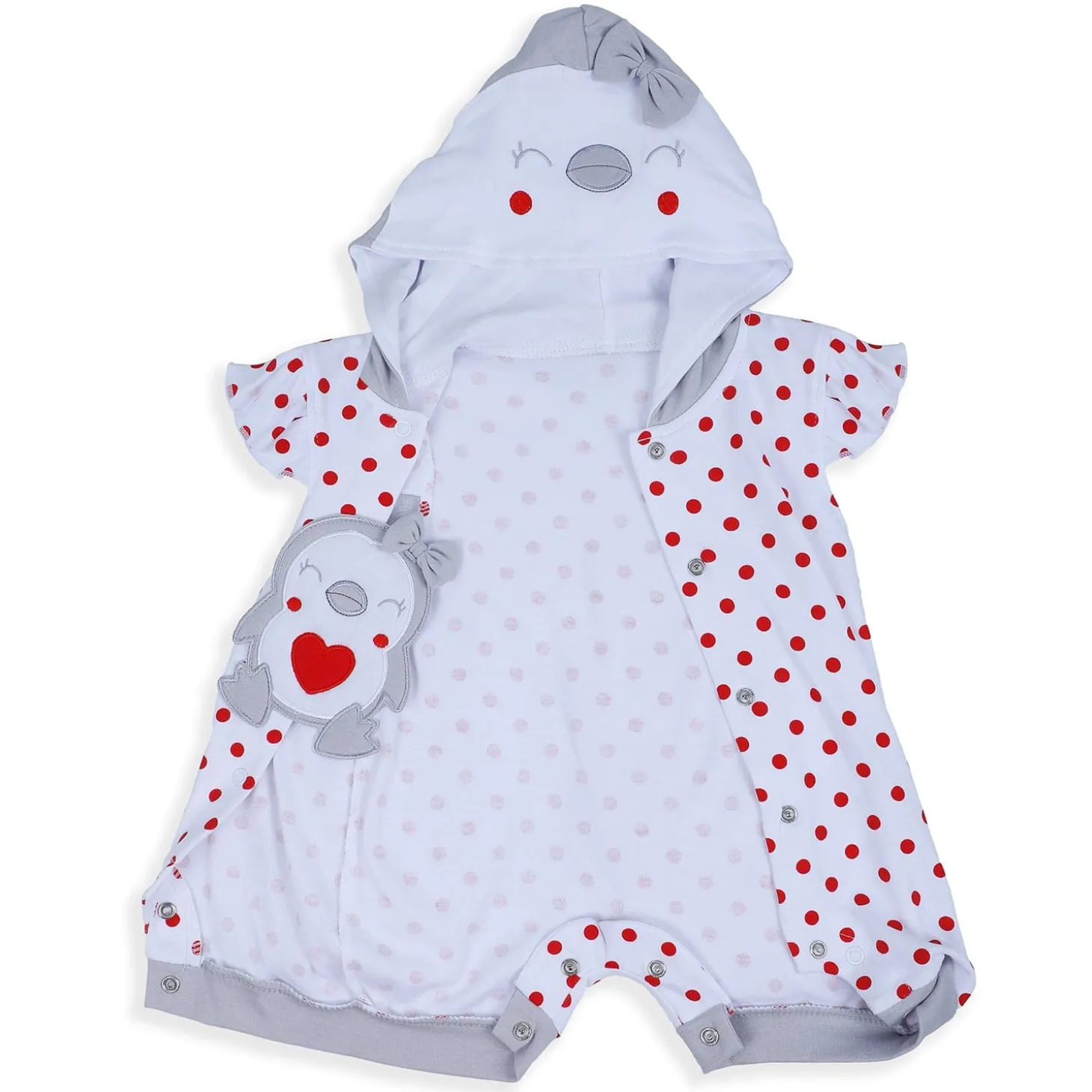 Baby Moo Little Penguin Embroidered Soft Cotton Girls Hooded Short Romper - Red
