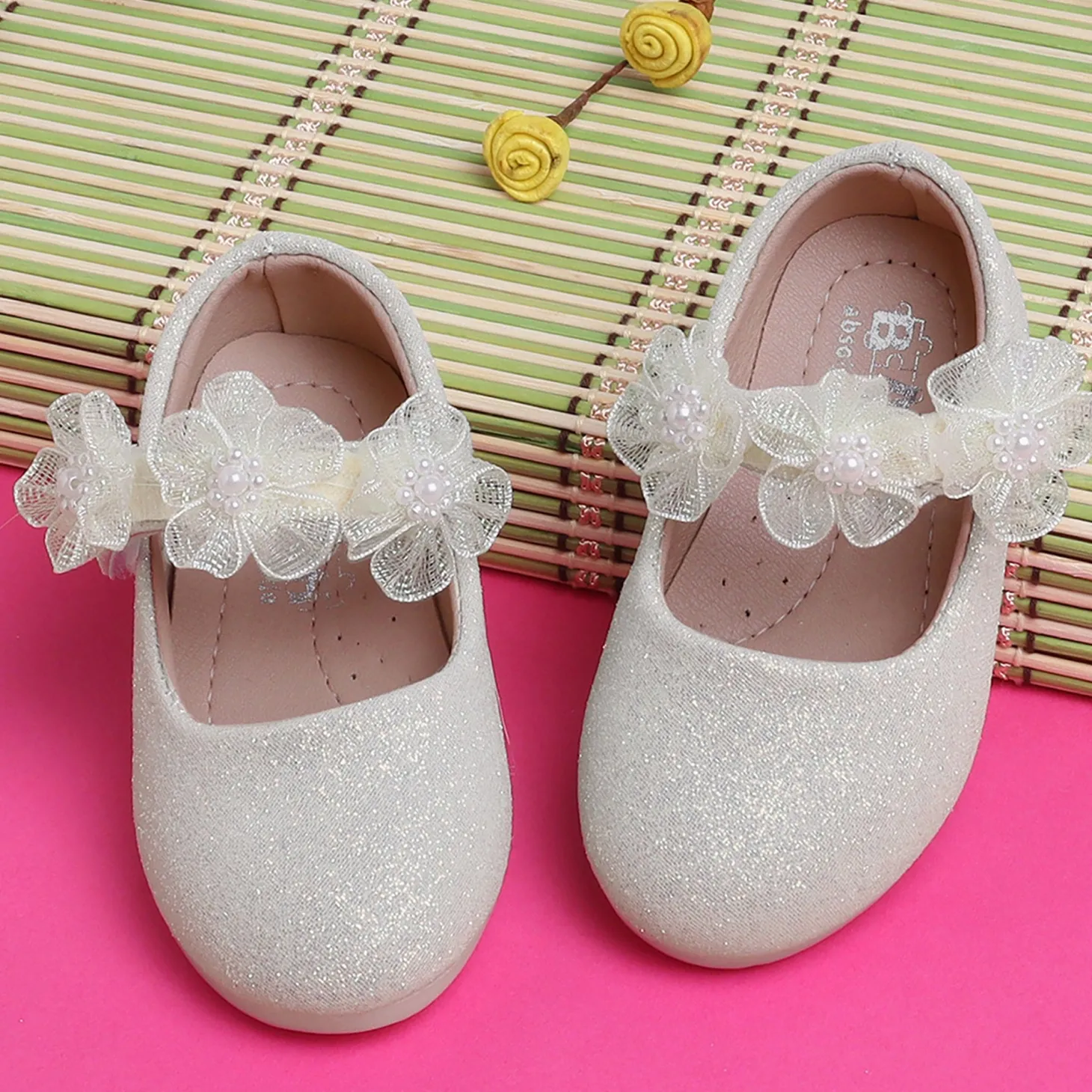Baby Moo Mary Jane Glittery Floral Applique On Velcro Strap Anti-Skid Ballerina Shoes - Gold