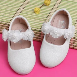 Baby Moo Mary Jane Glittery Floral Applique On Velcro Strap Anti-Skid Ballerina Shoes - White