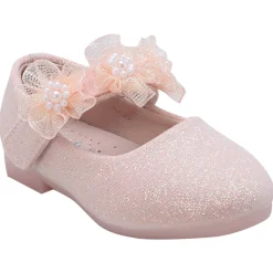 Baby Moo Mary Jane Glittery Floral Applique On Velcro Strap Anti-Skid Ballerina Shoes - Pink