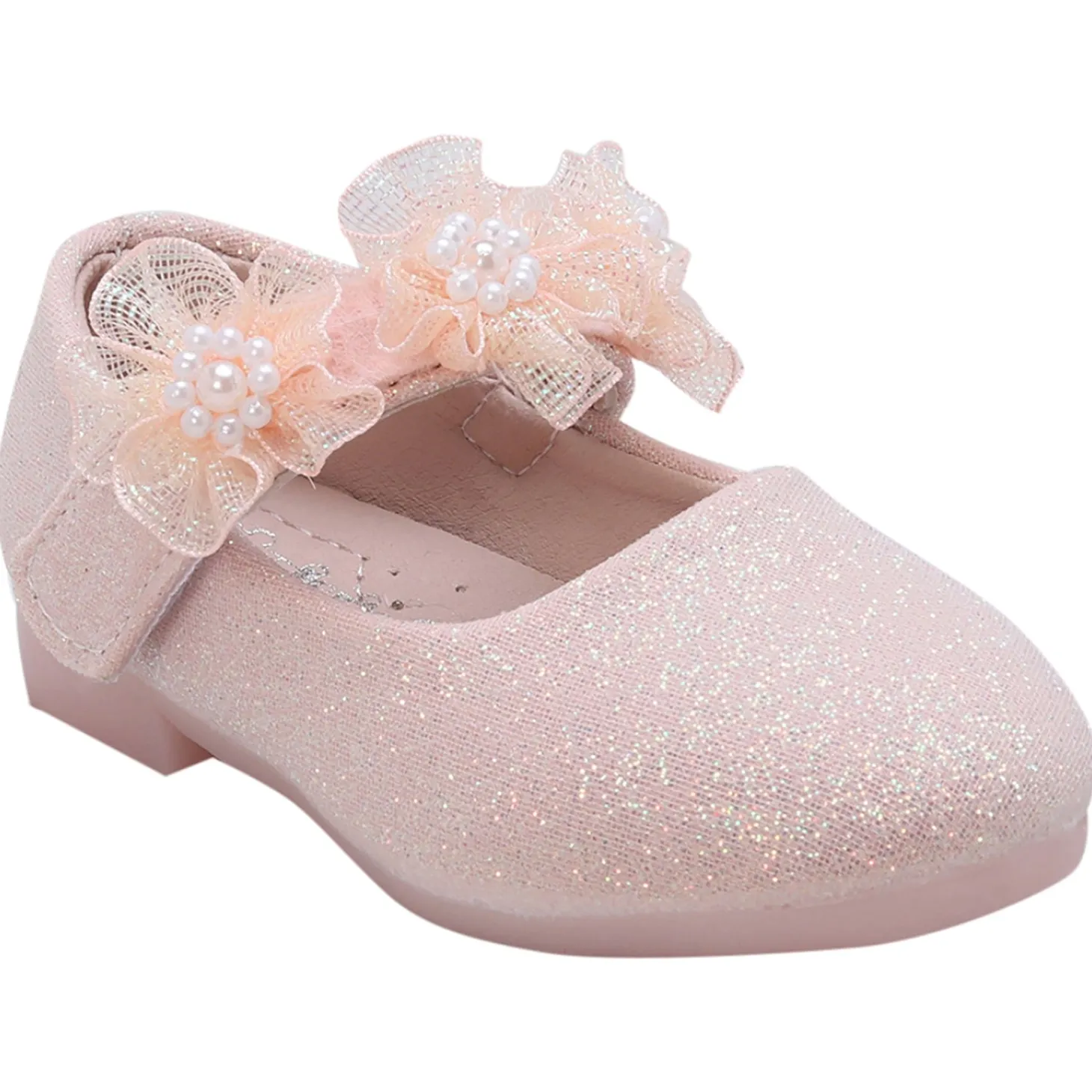 Baby Moo Mary Jane Glittery Floral Applique On Velcro Strap Anti-Skid Ballerina Shoes - Pink