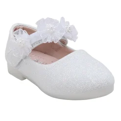 Baby Moo Mary Jane Glittery Floral Applique On Velcro Strap Anti-Skid Ballerina Shoes - White