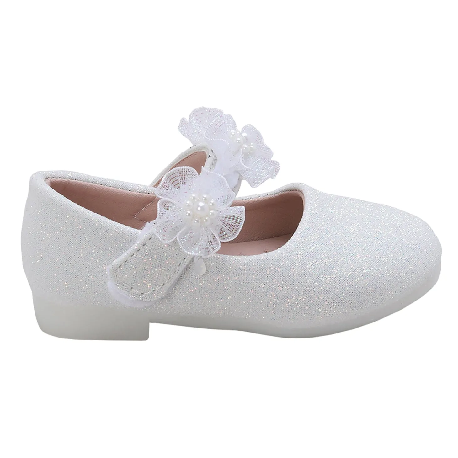 Baby Moo Mary Jane Glittery Floral Applique On Velcro Strap Anti-Skid Ballerina Shoes - White