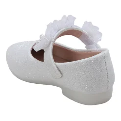 Baby Moo Mary Jane Glittery Floral Applique On Velcro Strap Anti-Skid Ballerina Shoes - White