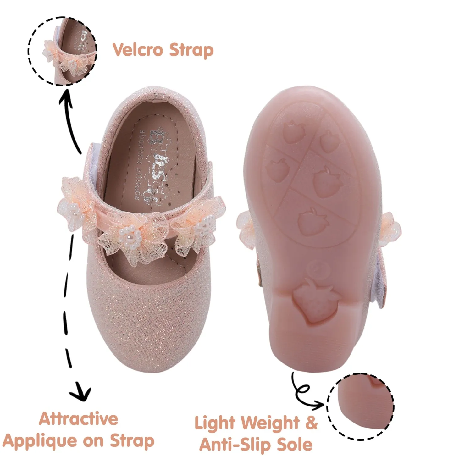 Baby Moo Mary Jane Glittery Floral Applique On Velcro Strap Anti-Skid Ballerina Shoes - Pink
