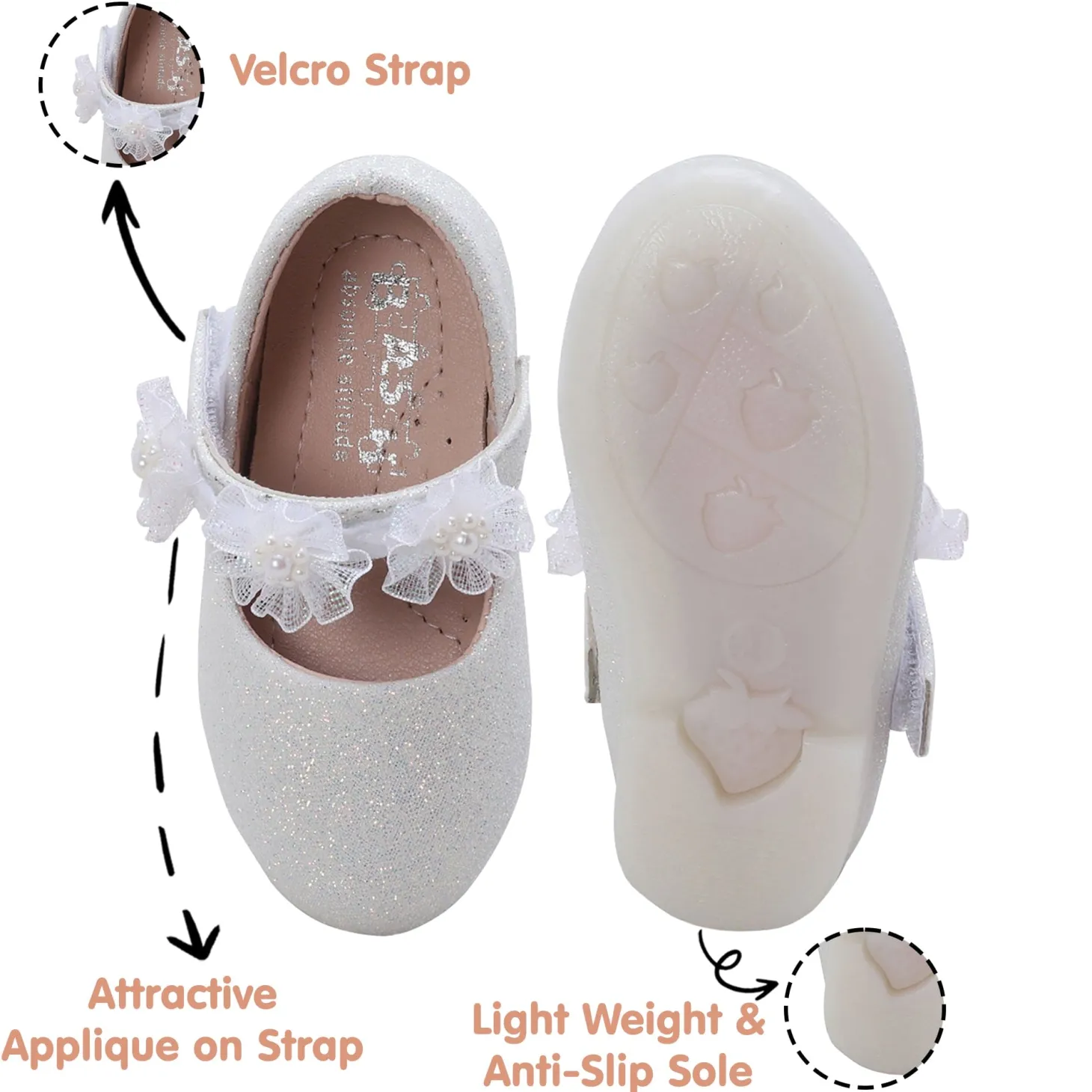 Baby Moo Mary Jane Glittery Floral Applique On Velcro Strap Anti-Skid Ballerina Shoes - White