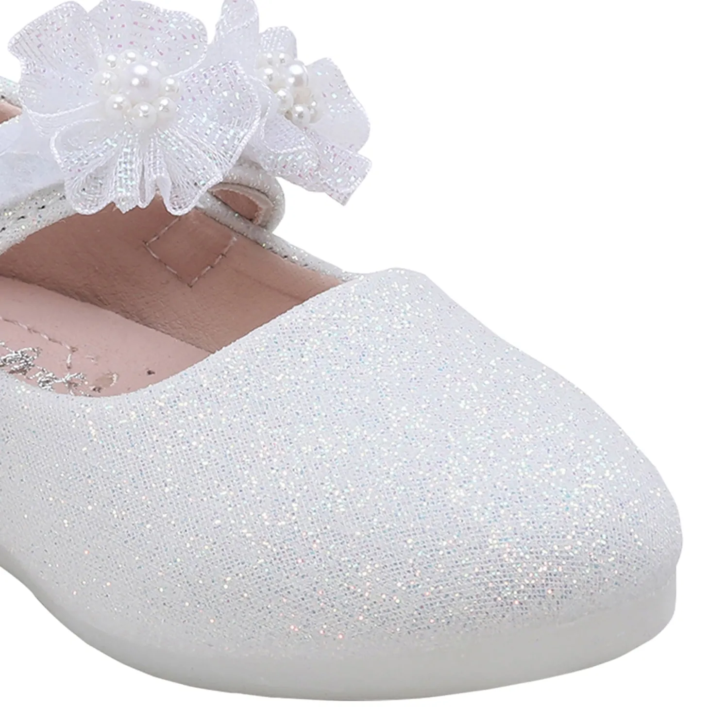 Baby Moo Mary Jane Glittery Floral Applique On Velcro Strap Anti-Skid Ballerina Shoes - White