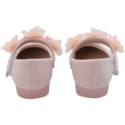 Baby Moo Mary Jane Glittery Floral Applique On Velcro Strap Anti-Skid Ballerina Shoes - Pink
