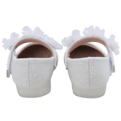 Baby Moo Mary Jane Glittery Floral Applique On Velcro Strap Anti-Skid Ballerina Shoes - White