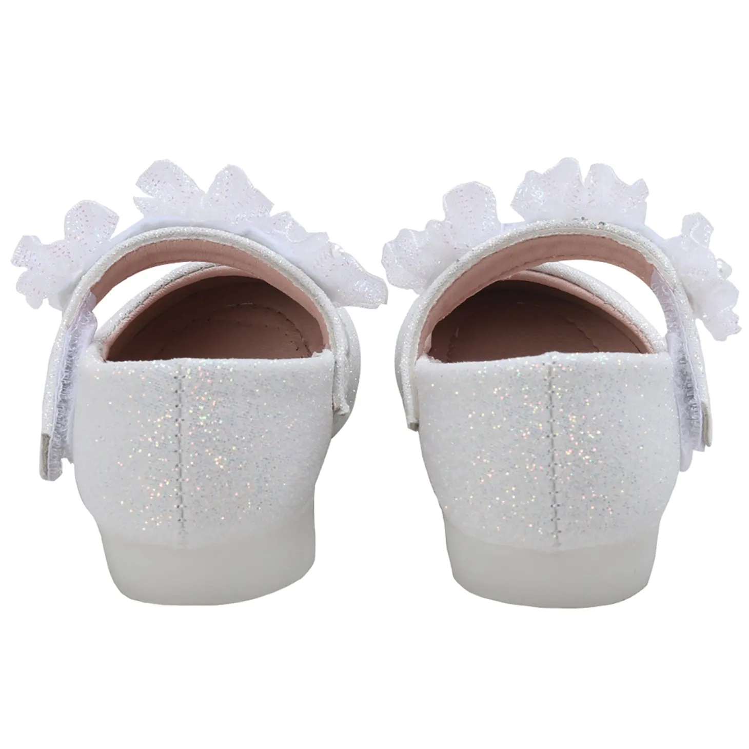 Baby Moo Mary Jane Glittery Floral Applique On Velcro Strap Anti-Skid Ballerina Shoes - White