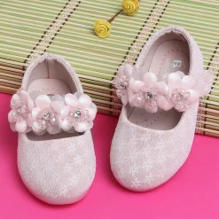 Baby Moo Mary Jane Lace Floral Applique On Velcro Strap Anti-Skid Ballerina Shoes - Pink
