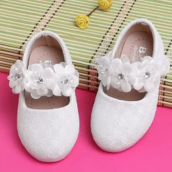 Baby Moo Mary Jane Lace Floral Applique On Velcro Strap Anti-Skid Ballerina Shoes - White