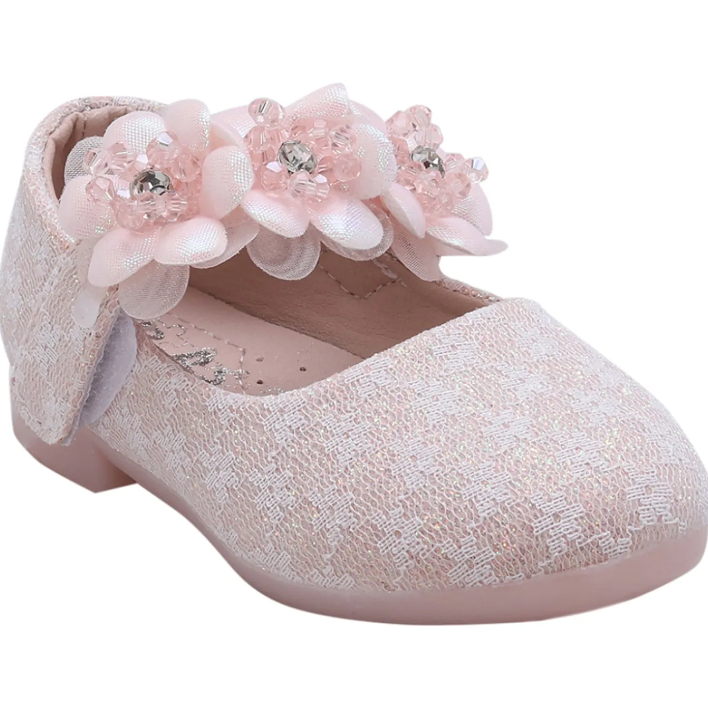 Baby Moo Mary Jane Lace Floral Applique On Velcro Strap Anti-Skid Ballerina Shoes - Pink