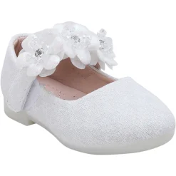 Baby Moo Mary Jane Lace Floral Applique On Velcro Strap Anti-Skid Ballerina Shoes - White