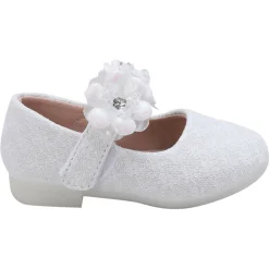 Baby Moo Mary Jane Lace Floral Applique On Velcro Strap Anti-Skid Ballerina Shoes - White