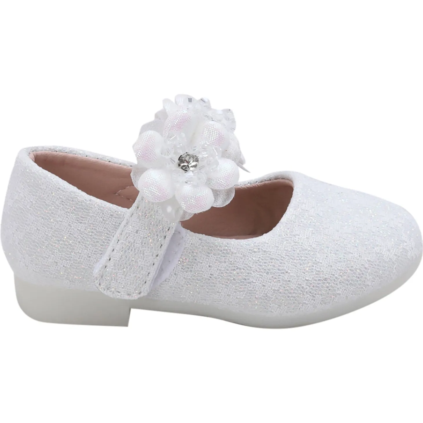 Baby Moo Mary Jane Lace Floral Applique On Velcro Strap Anti-Skid Ballerina Shoes - White