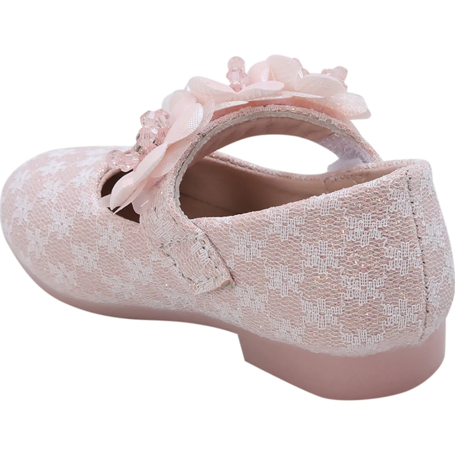 Baby Moo Mary Jane Lace Floral Applique On Velcro Strap Anti-Skid Ballerina Shoes - Pink