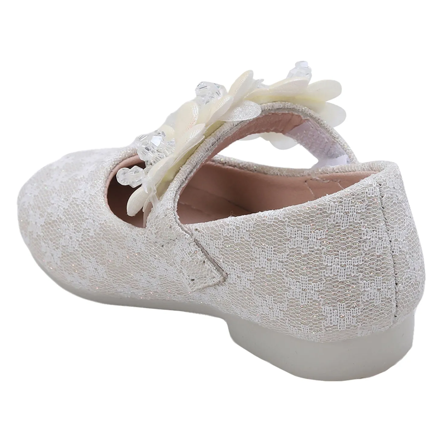 Baby Moo Mary Jane Lace Floral Applique On Velcro Strap Anti-Skid Ballerina Shoes - Gold