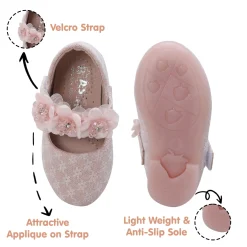 Baby Moo Mary Jane Lace Floral Applique On Velcro Strap Anti-Skid Ballerina Shoes - Pink