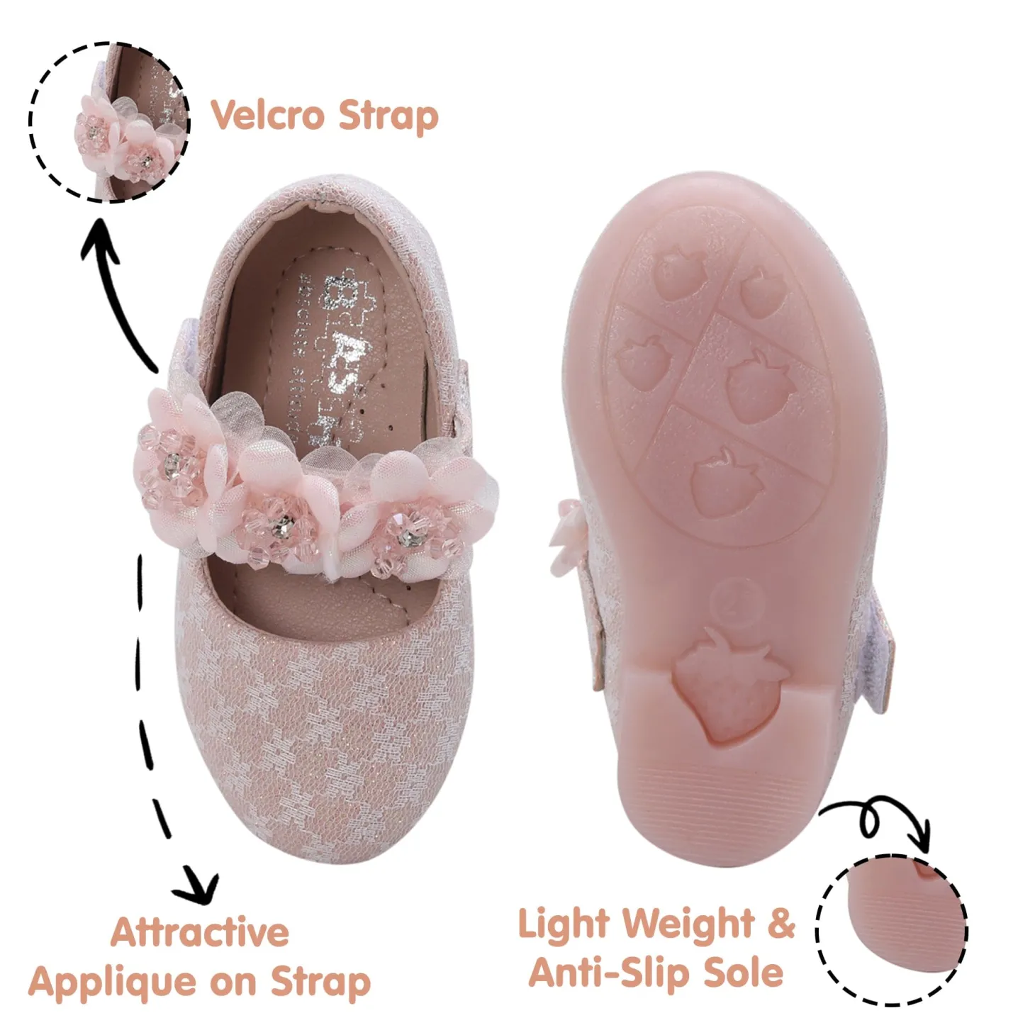 Baby Moo Mary Jane Lace Floral Applique On Velcro Strap Anti-Skid Ballerina Shoes - Pink
