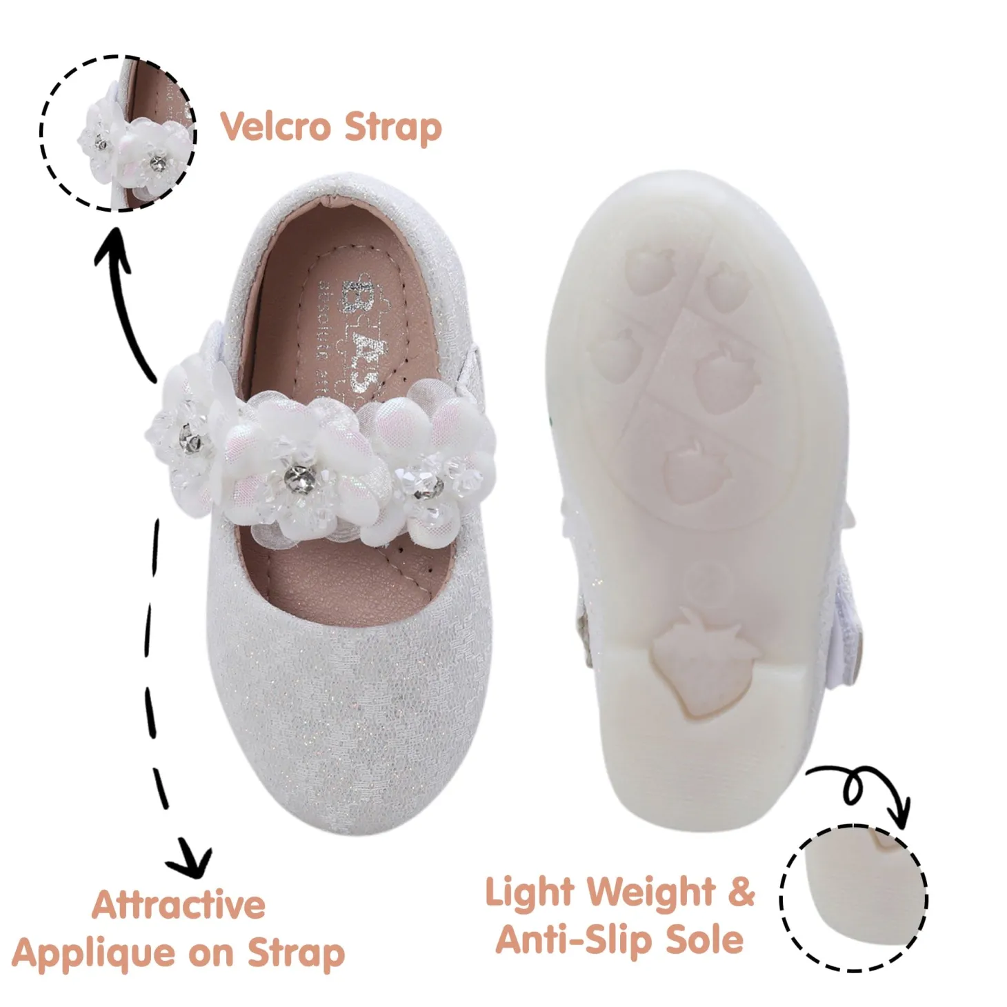 Baby Moo Mary Jane Lace Floral Applique On Velcro Strap Anti-Skid Ballerina Shoes - White