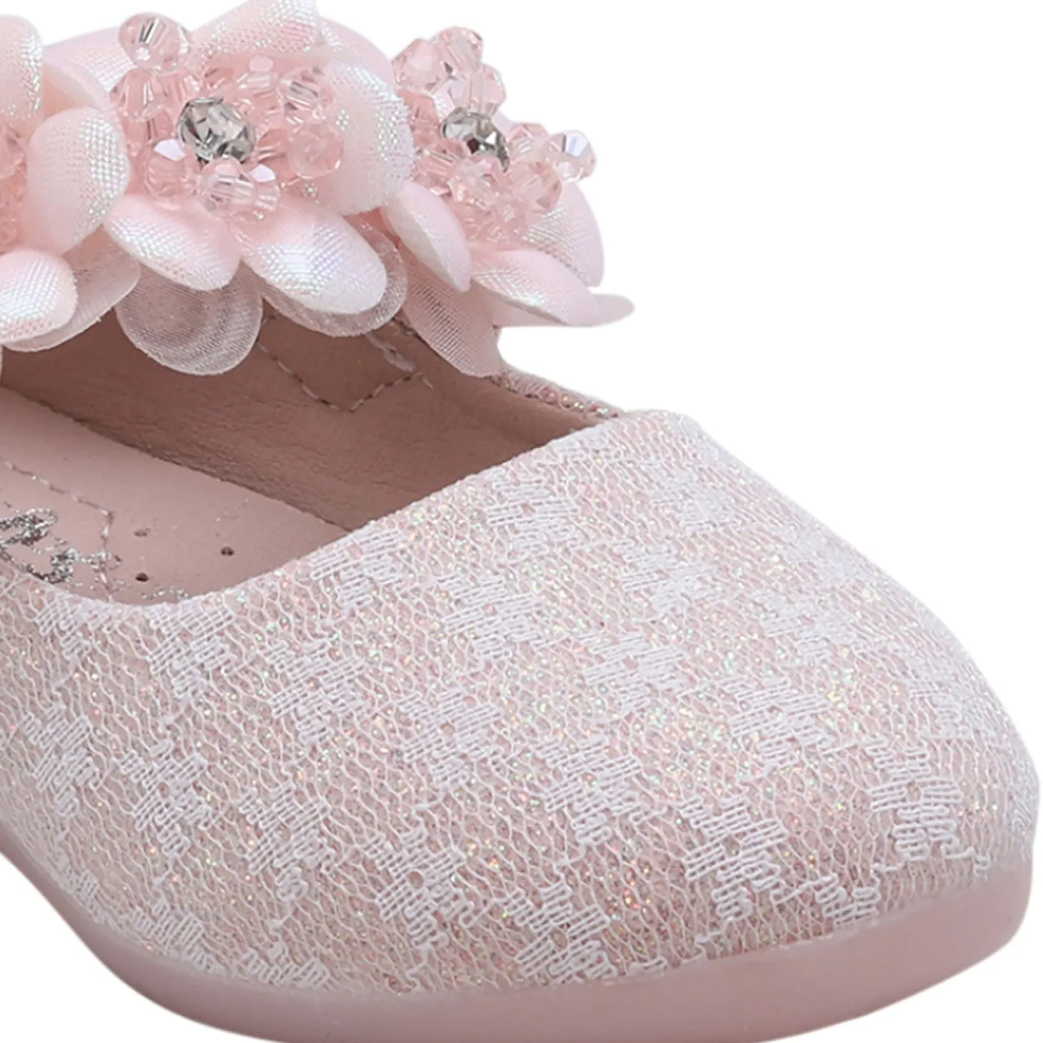 Baby Moo Mary Jane Lace Floral Applique On Velcro Strap Anti-Skid Ballerina Shoes - Pink