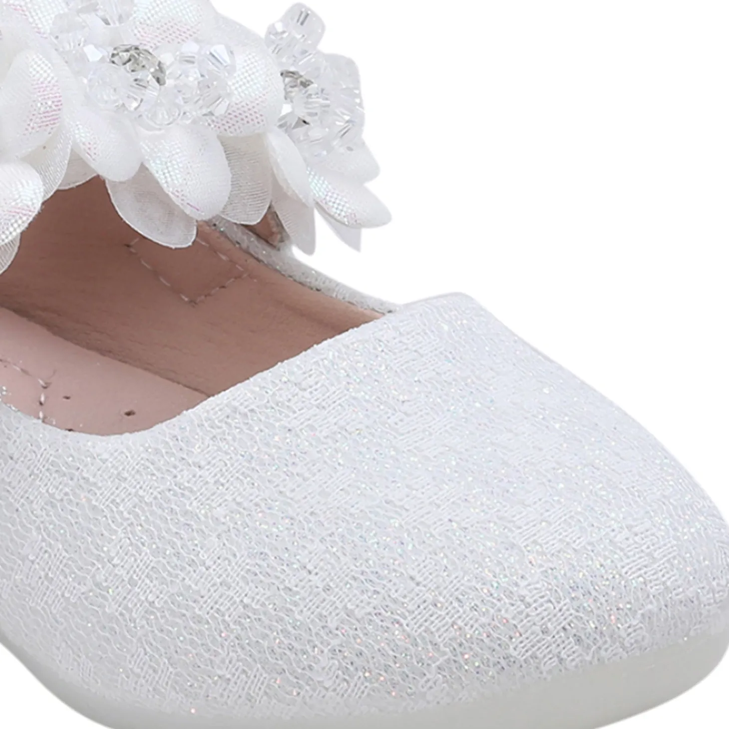 Baby Moo Mary Jane Lace Floral Applique On Velcro Strap Anti-Skid Ballerina Shoes - White