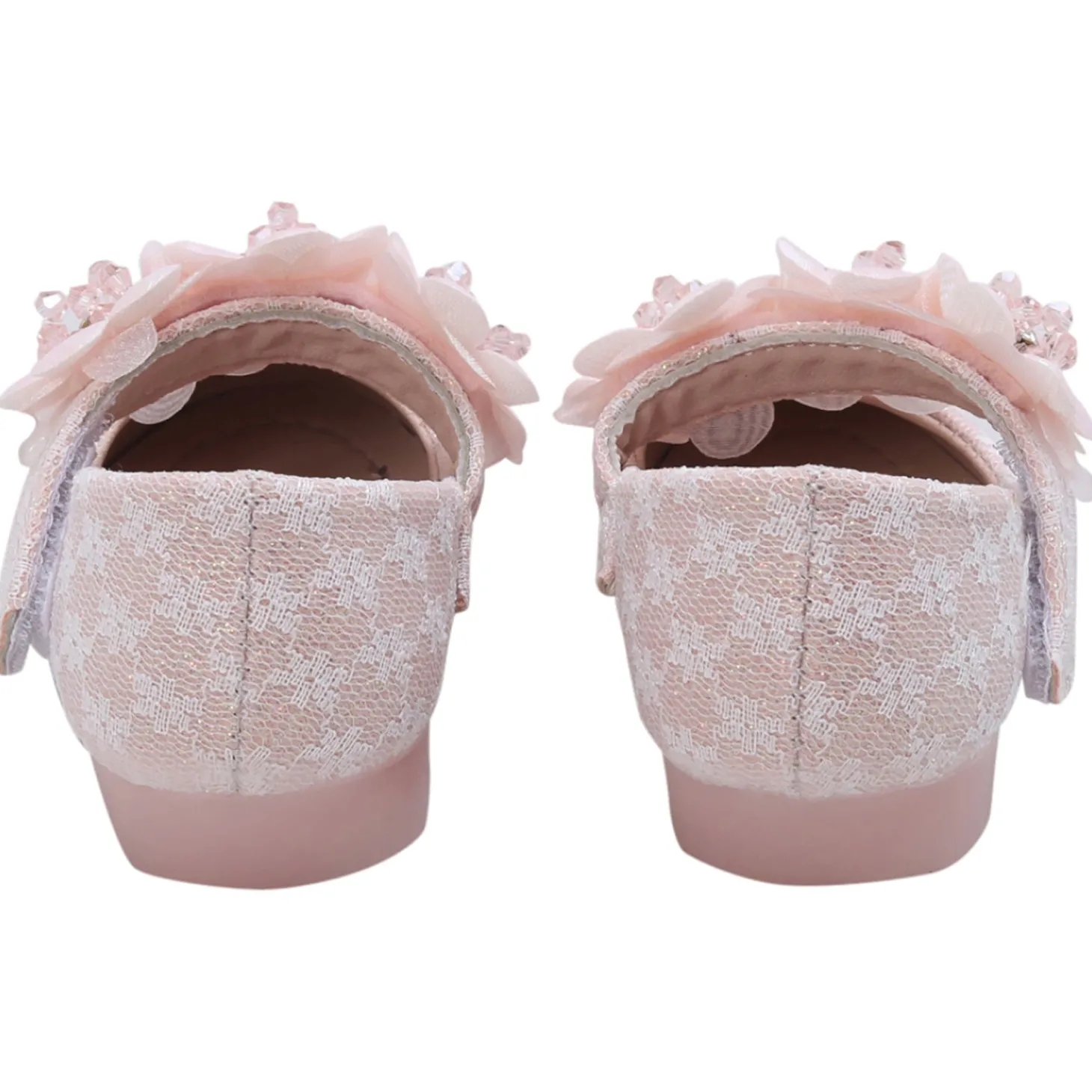 Baby Moo Mary Jane Lace Floral Applique On Velcro Strap Anti-Skid Ballerina Shoes - Pink