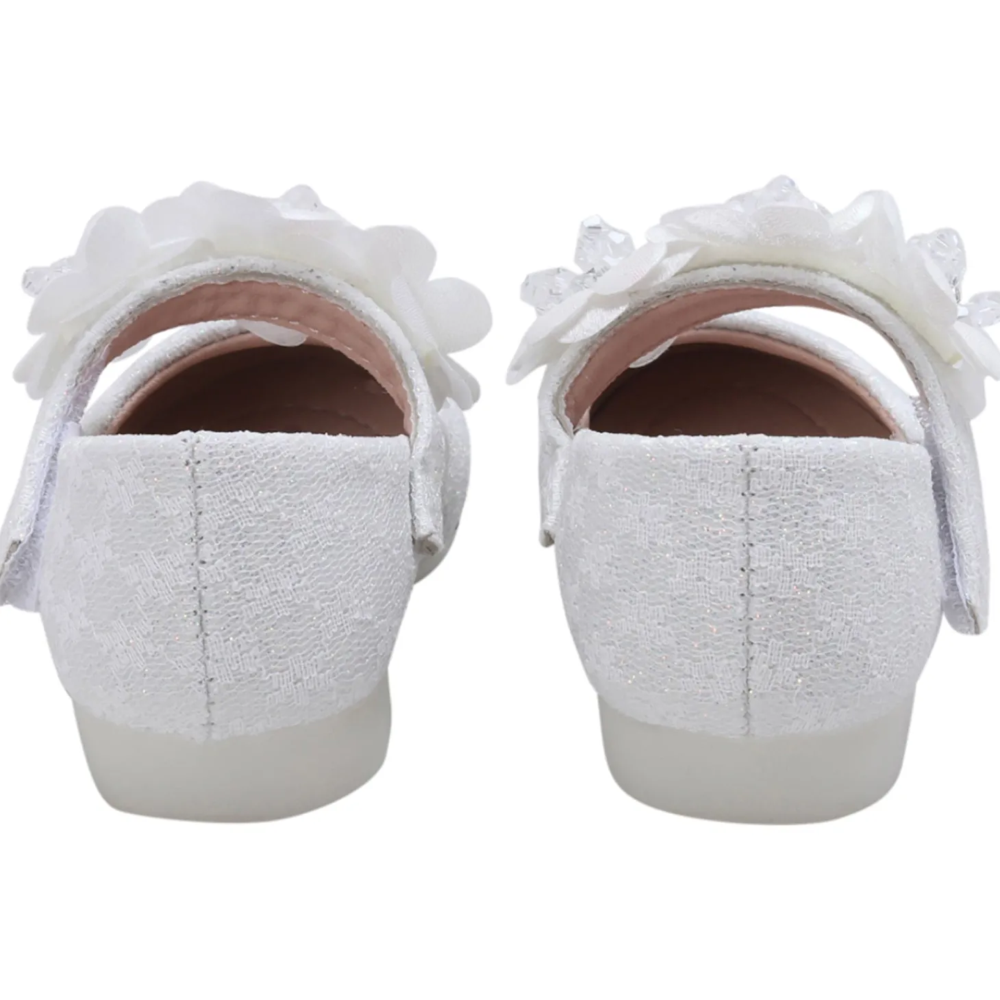 Baby Moo Mary Jane Lace Floral Applique On Velcro Strap Anti-Skid Ballerina Shoes - White