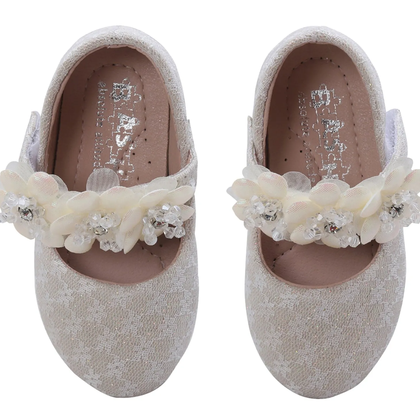 Baby Moo Mary Jane Lace Floral Applique On Velcro Strap Anti-Skid Ballerina Shoes - Gold