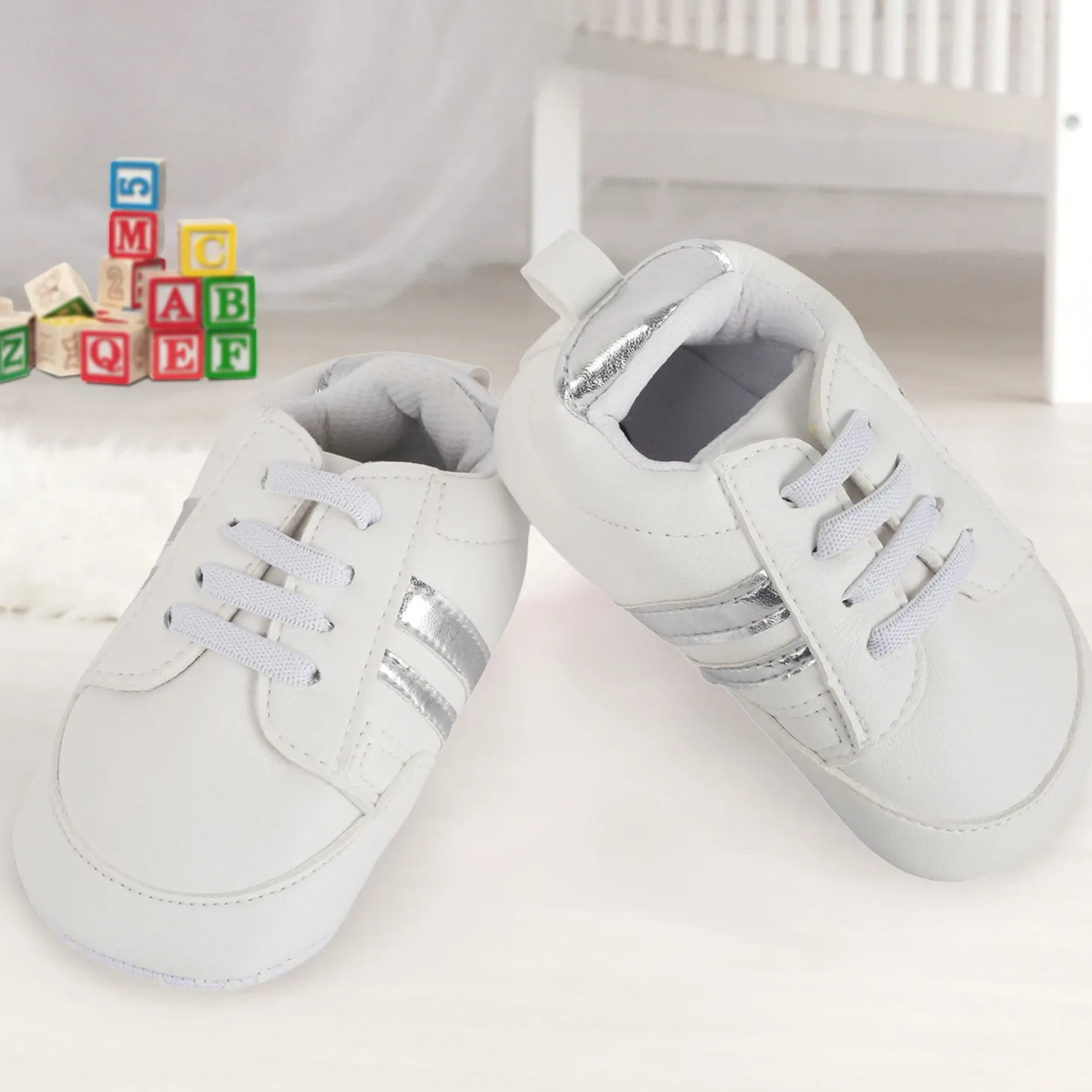 Baby Moo Metallic Silver Striped White Sneakers