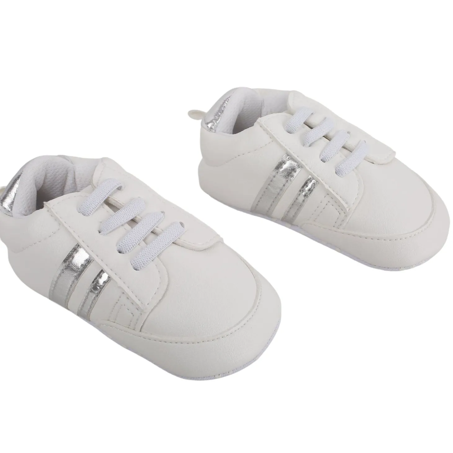 Baby Moo Metallic Silver Striped White Sneakers