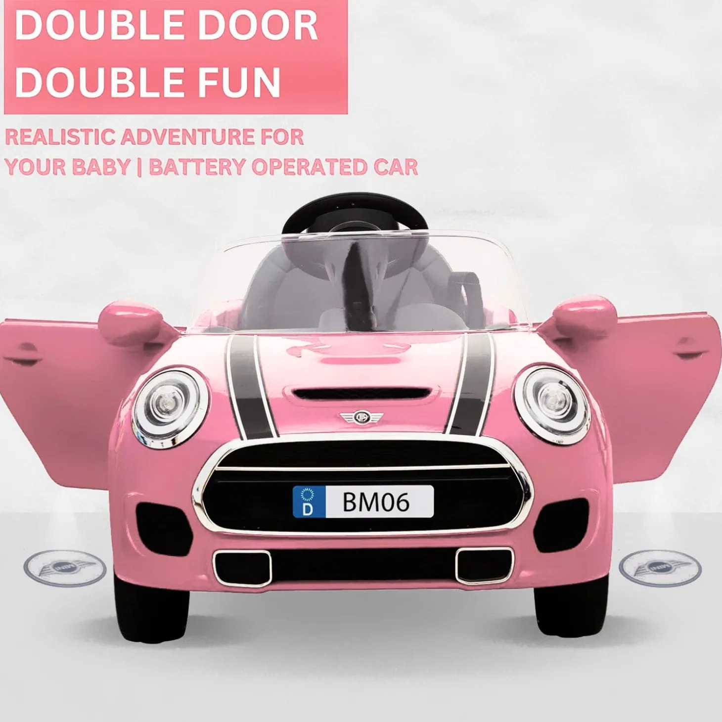 Baby Moo Mini Cooper Electric Ride-On Car for Kids | Rechargeable 12V Battery | Remote Control | USB MP3 Player | Ages 1-5 - Pink