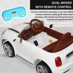 Baby Moo Mini Cooper Electric Ride-On Car for Kids | Rechargeable 12V Battery | Remote Control | USB MP3 Player | Ages 1-5 - White