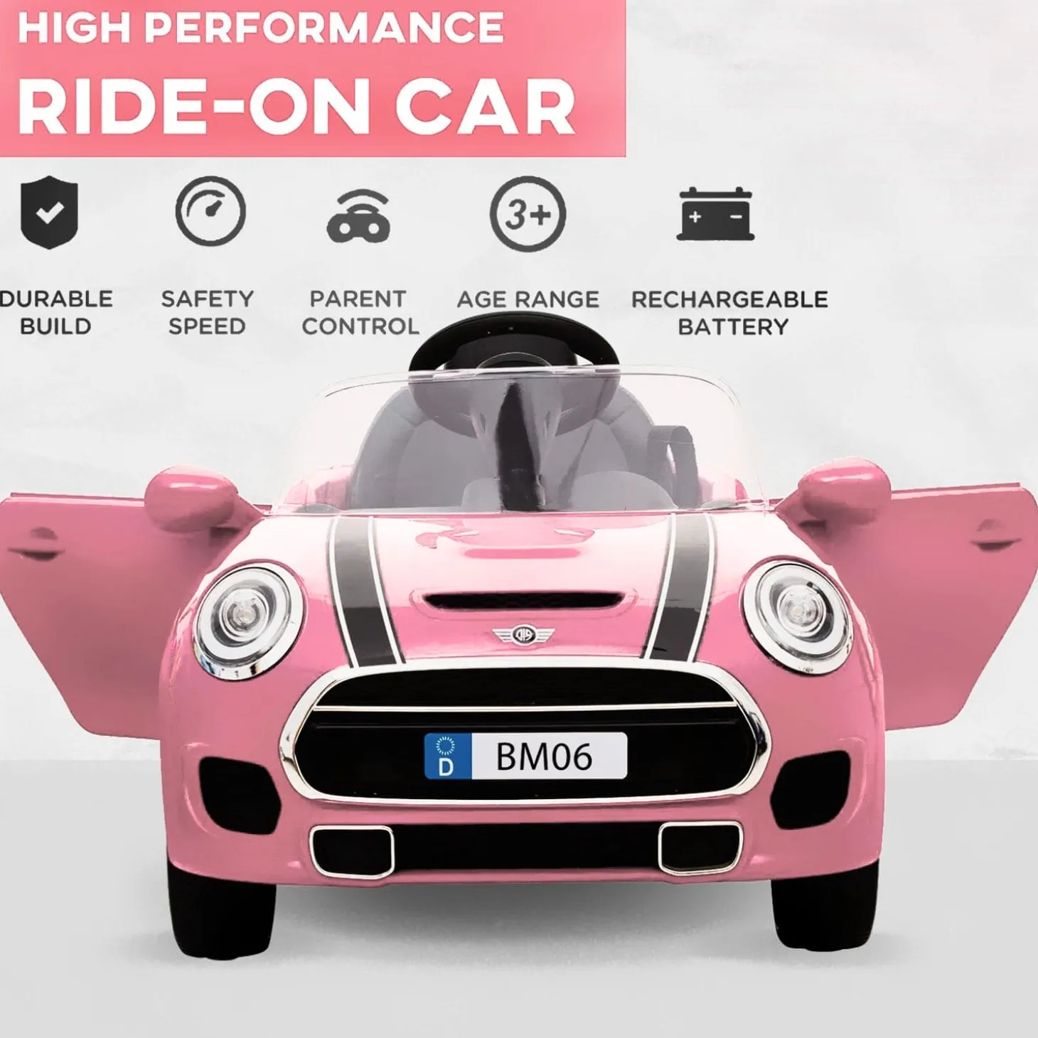Baby Moo Mini Cooper Electric Ride-On Car for Kids | Rechargeable 12V Battery | Remote Control | USB MP3 Player | Ages 1-5 - Pink