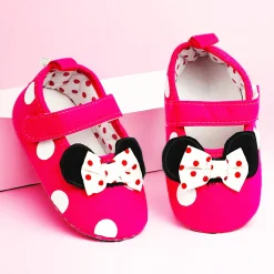 Baby Moo Mini Mouse Bow Velcro Strap Anti-Skid Ballerina Booties - Pink
