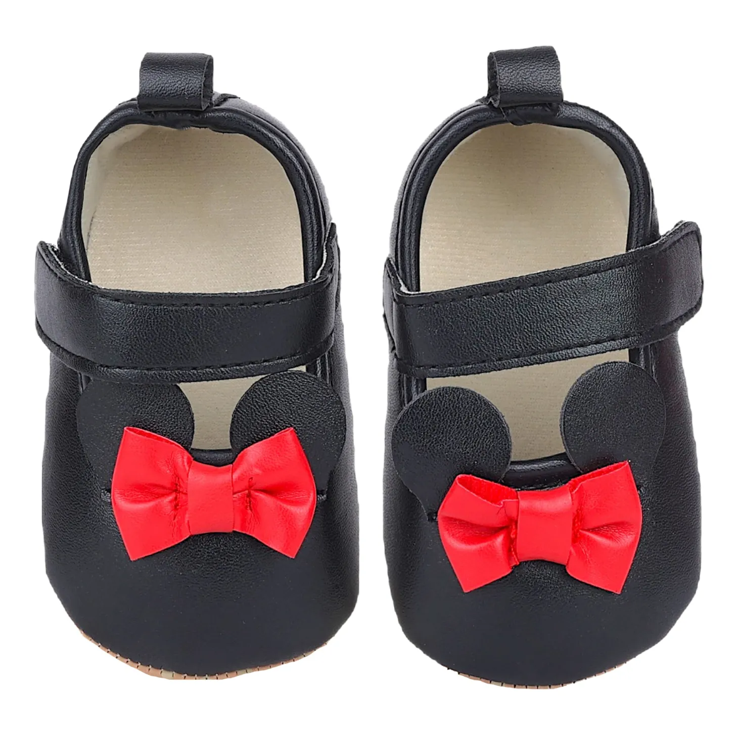 Baby Moo Mini Mouse Bow Velcro Strap Anti-Skid Ballerina Booties - Black