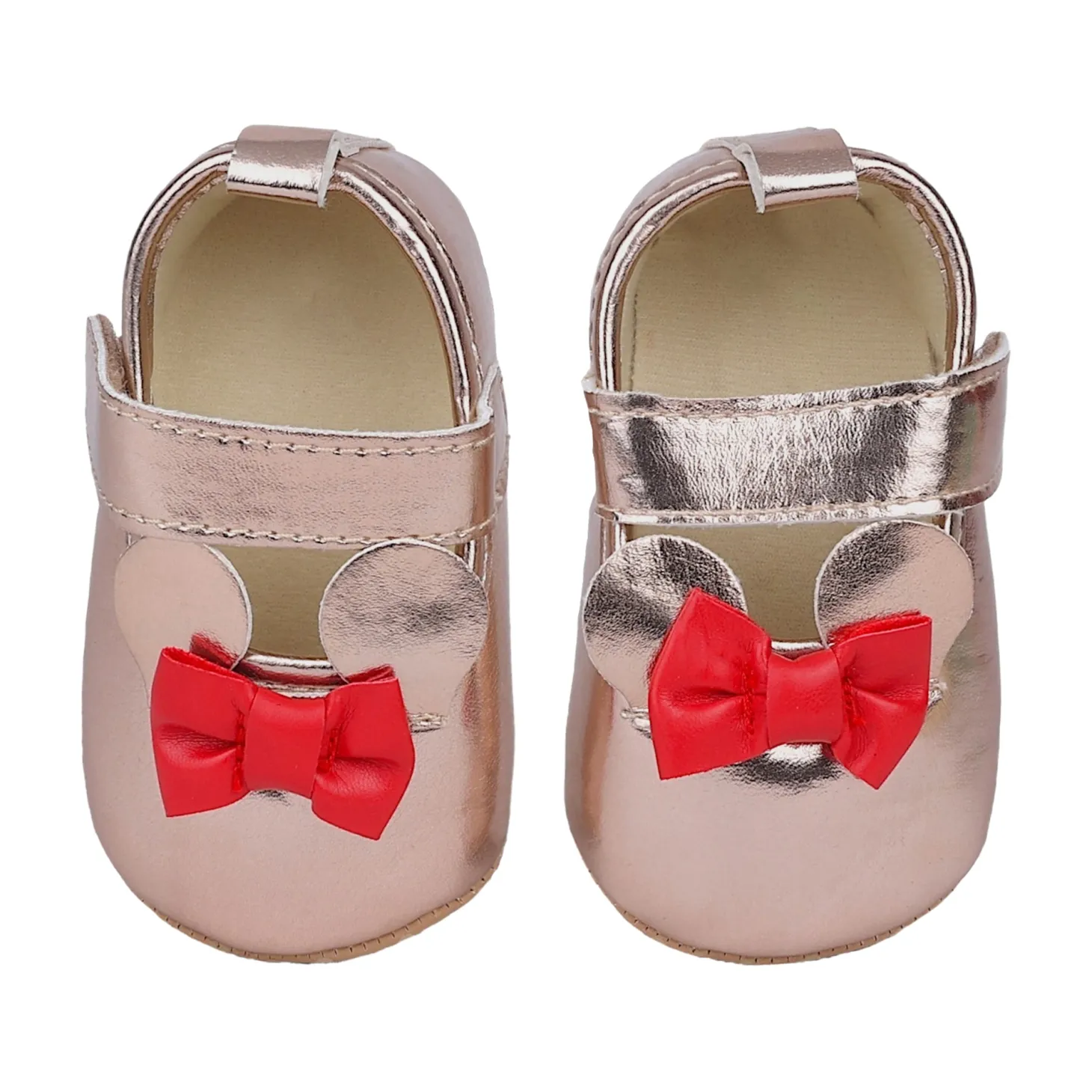 Baby Moo Mini Mouse Bow Velcro Strap Anti-Skid Ballerina Booties - Gold, Metallic