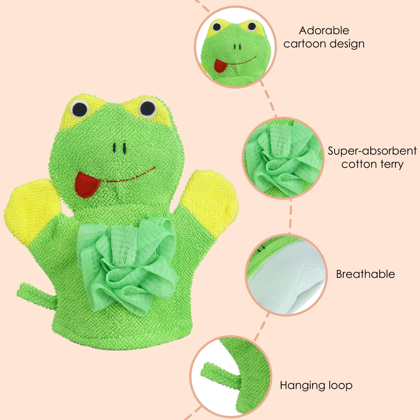 Baby Moo Mischievous Frog Bath Time Fun Hand Puppet Loofah Bath Glove - Green