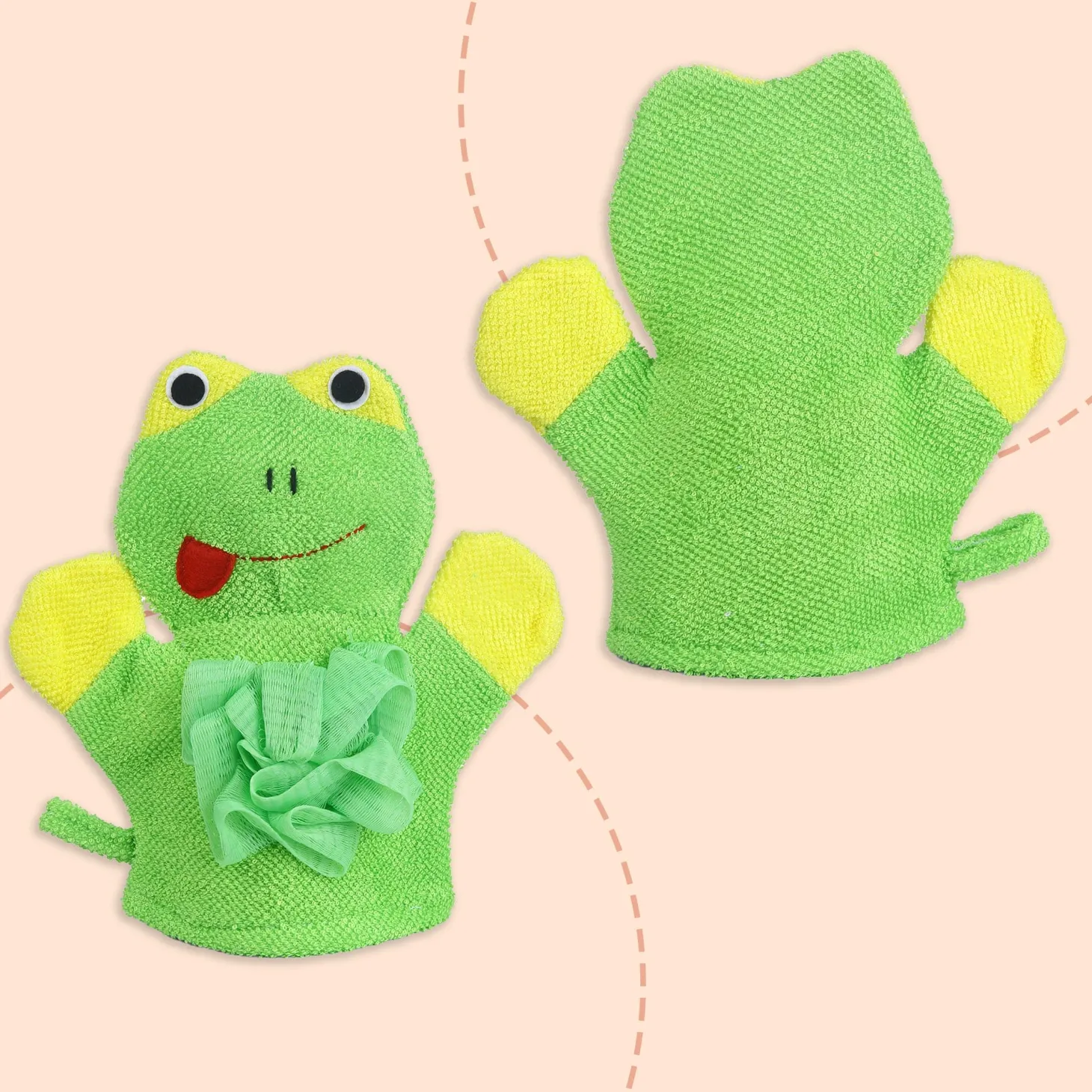 Baby Moo Mischievous Frog Bath Time Fun Hand Puppet Loofah Bath Glove - Green