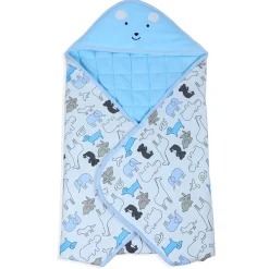 Baby Moo Mr Bear Warm Hooded Quilted Wrapper - Blue