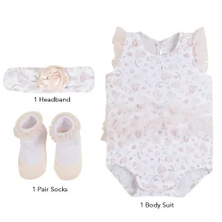 Baby Moo My Little Heart Gift Set 3 Piece With Bodysuit, Socks And Headband - Beige