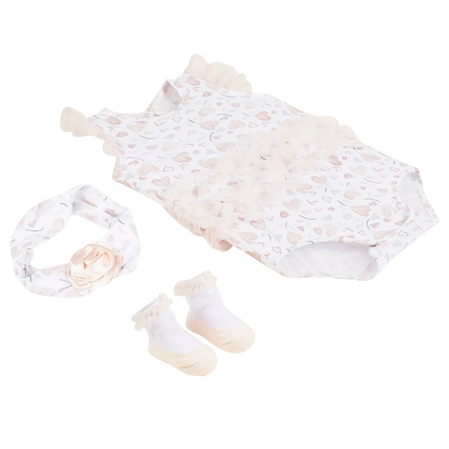 Baby Moo My Little Heart Gift Set 3 Piece With Bodysuit, Socks And Headband - Beige