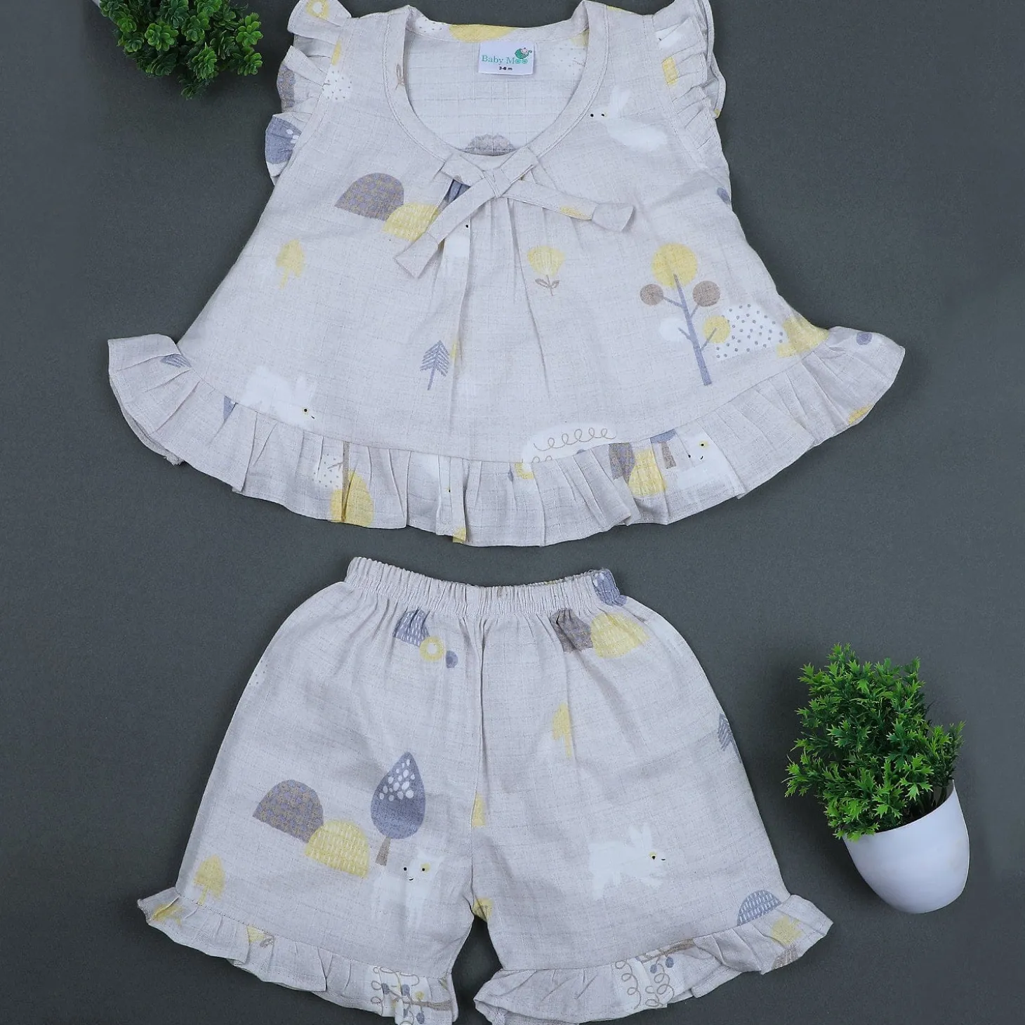 Baby Moo Nature Lover Muslin Frilly Top And Shorts Co-ord Set - Grey