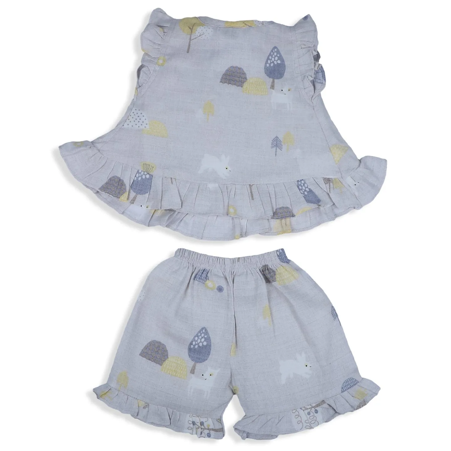 Baby Moo Nature Lover Muslin Frilly Top And Shorts Co-ord Set - Grey