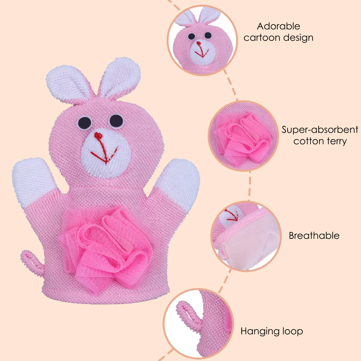 Baby Moo Naughty Rabbit Bath Time Fun Hand Puppet Loofah Bath Glove - Pink