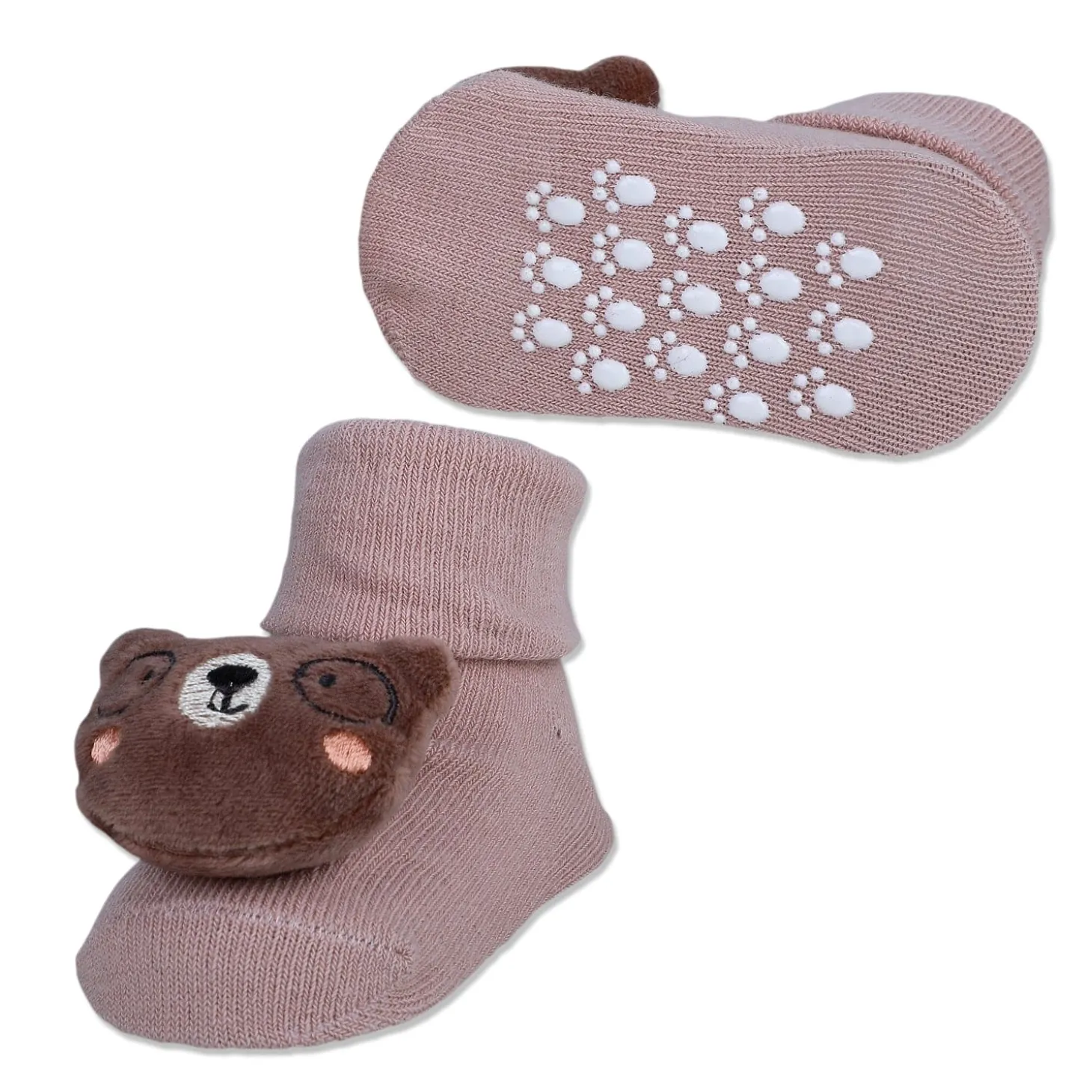 Baby Moo Nerdy Bear Cotton Anti-Skid 3D Socks - Peach