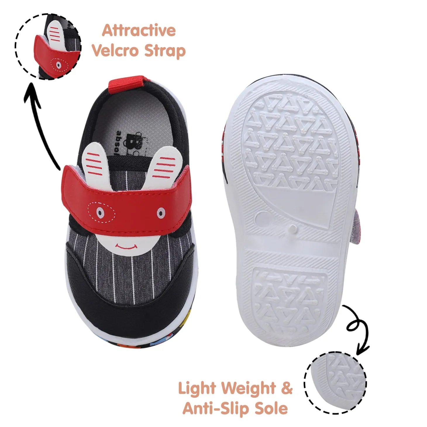 Baby Moo Ninja Rabbit Velcro Strap Anti-Skid Chu Chu Sound Sneakers - Black