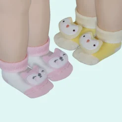Baby Moo Owl 3D Rattle Anti-Skid Socks Booties Pack of 2 - Yellow, Pink